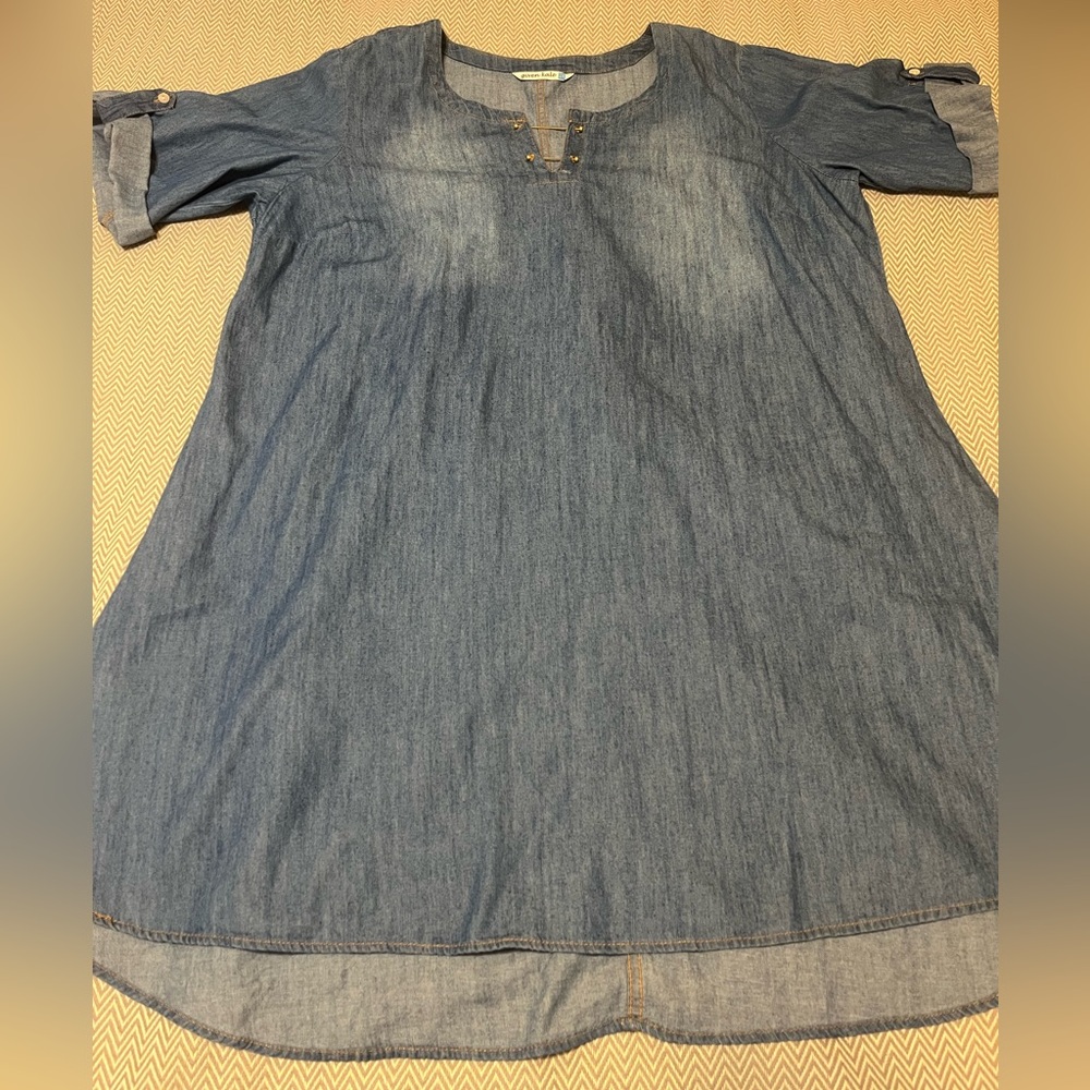 NWOT Given Kale chambray blue dress. Cute gold accents at neck. Size 2X.